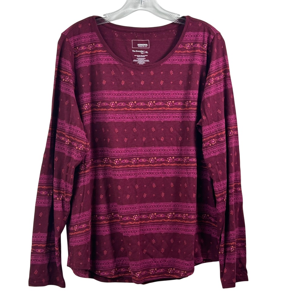 Sonoma Goods For Life Everyday Tee XL Burgundy Floral Long Sleeve Scoop Neck
